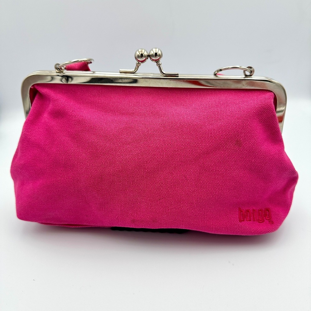 Bongo Pink Canvas Kiss Lock Clutch Purse Wristlet Bag